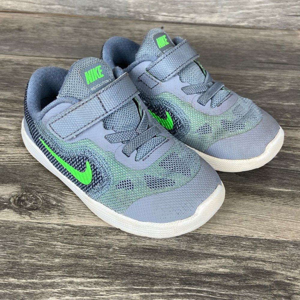 Nike Toddler Revolution 3 Hook & Loop Running Shoes Size 8 Grey Neon Green